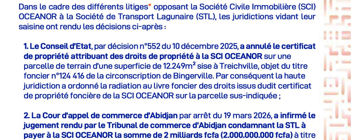 COMMUNIQUE Affaire ‘‘litige foncier STL C/SCI OCEANOR’’ : Verdicts de la Justice en faveur de la société STL