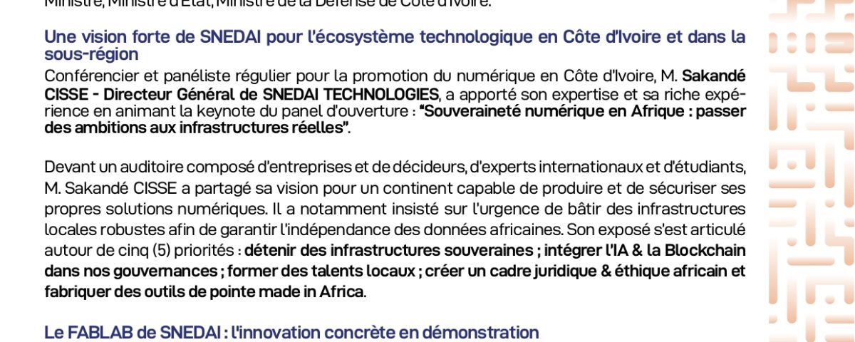SIADE 2026 : SNEDAI TECHNOLOGIES réaffirme son engagement pour une souveraineté technologique de l’Afrique