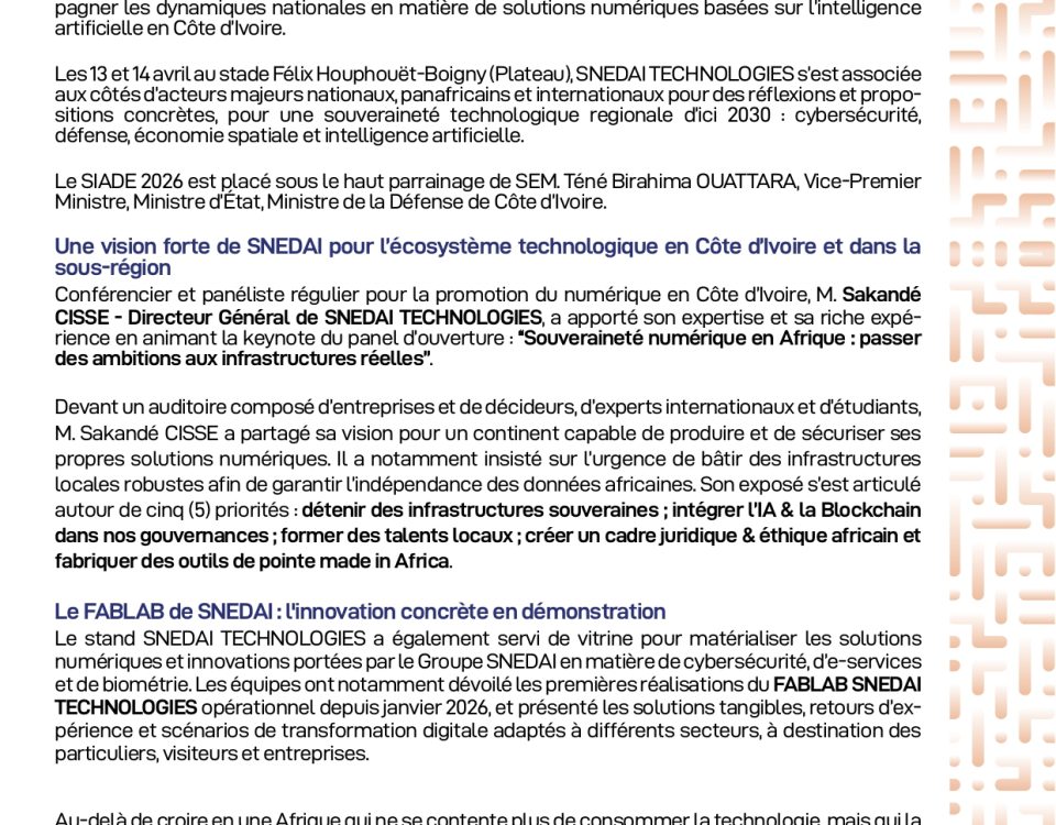 SIADE 2026 : SNEDAI TECHNOLOGIES réaffirme son engagement pour une souveraineté technologique de l’Afrique