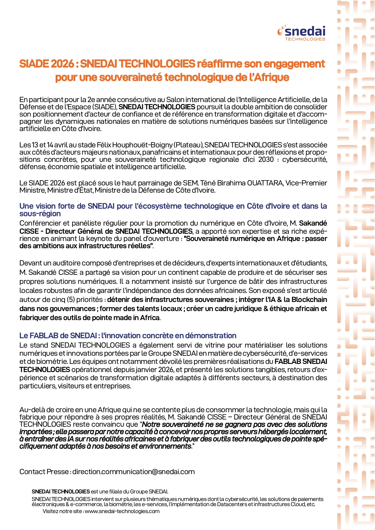 SIADE 2026 : SNEDAI TECHNOLOGIES réaffirme son engagement pour une souveraineté technologique de l’Afrique